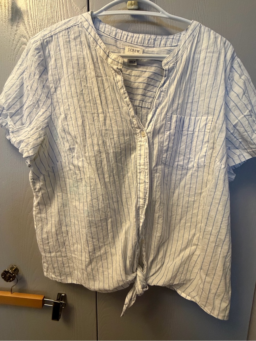 J. Crew White Button-Up Shirt with Light Blue Stripes